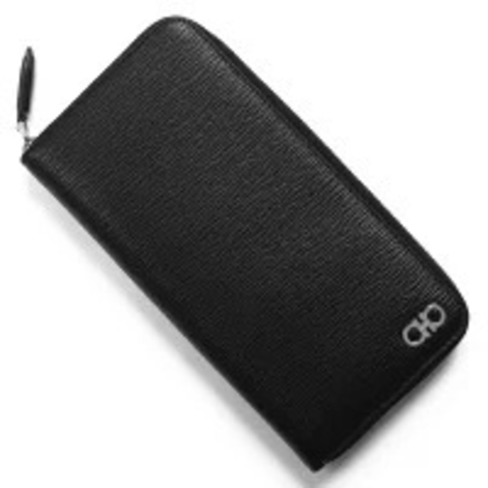 Salvatore Ferragamo Long Wallet Billfold Passport Travel Double Gancini Black